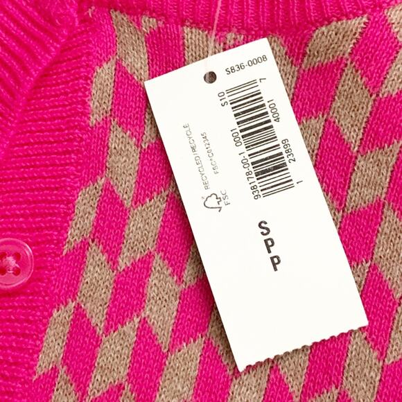 Old Navy Cardigan Sweater Fuchsia Tan Geo Print Crew Neck Button Front Small NEW - Picture 10 of 16